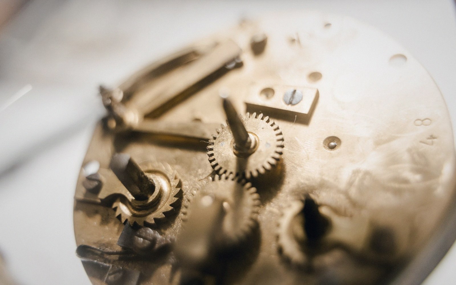 Brass wheels and pinions laid out on a bench mat