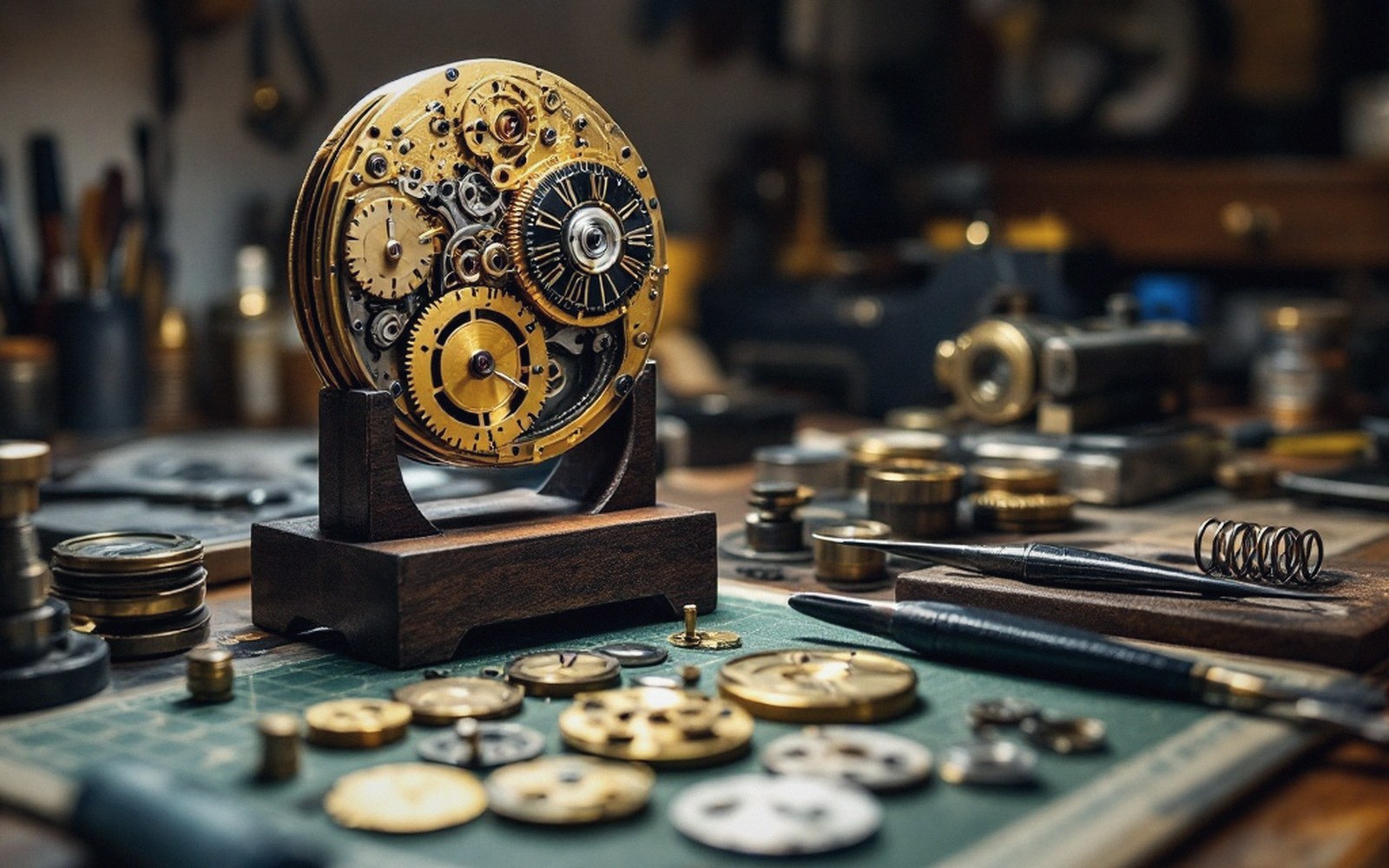 Exposed watch movement with brass gears mounted on wooden stand amid scattered clockmaking tools