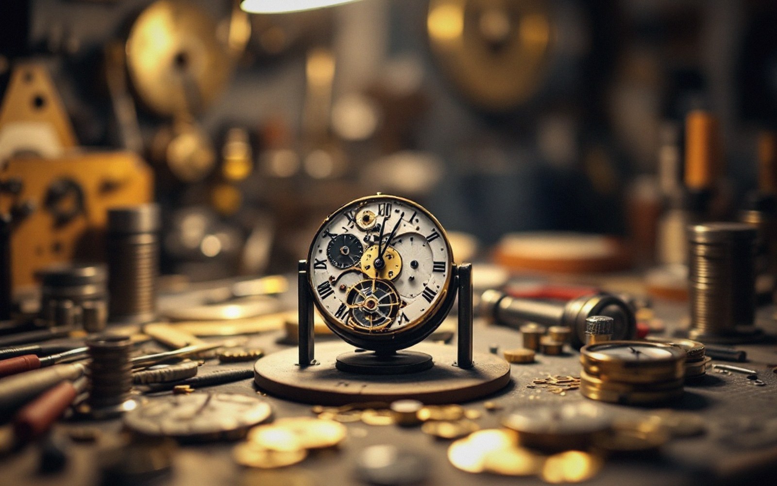A skeleton clock with exposed gears sits on a workbench cluttered with watchmaking tools