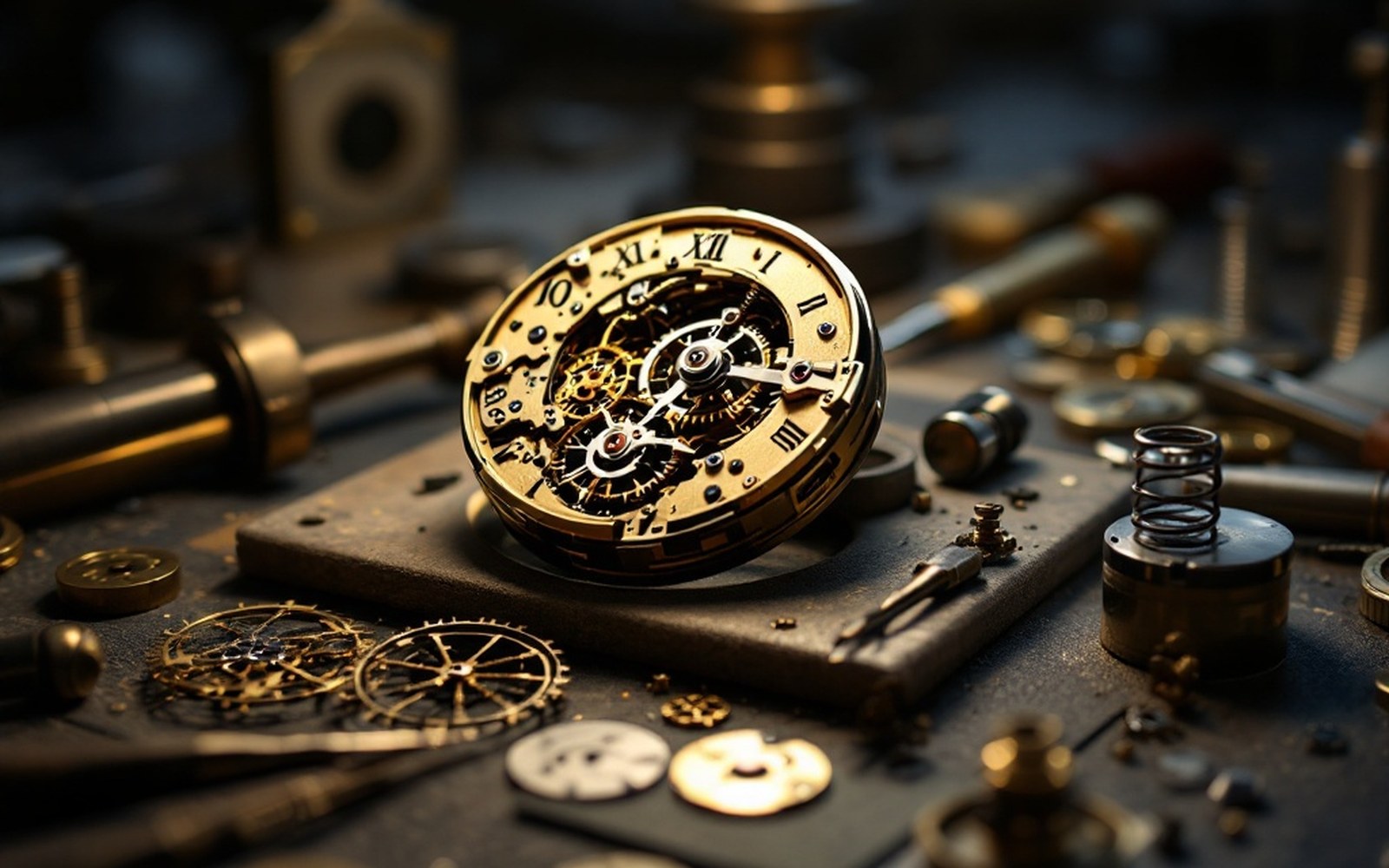 Open pocket watch with exposed gears surrounded by loose watchmaking tools and parts