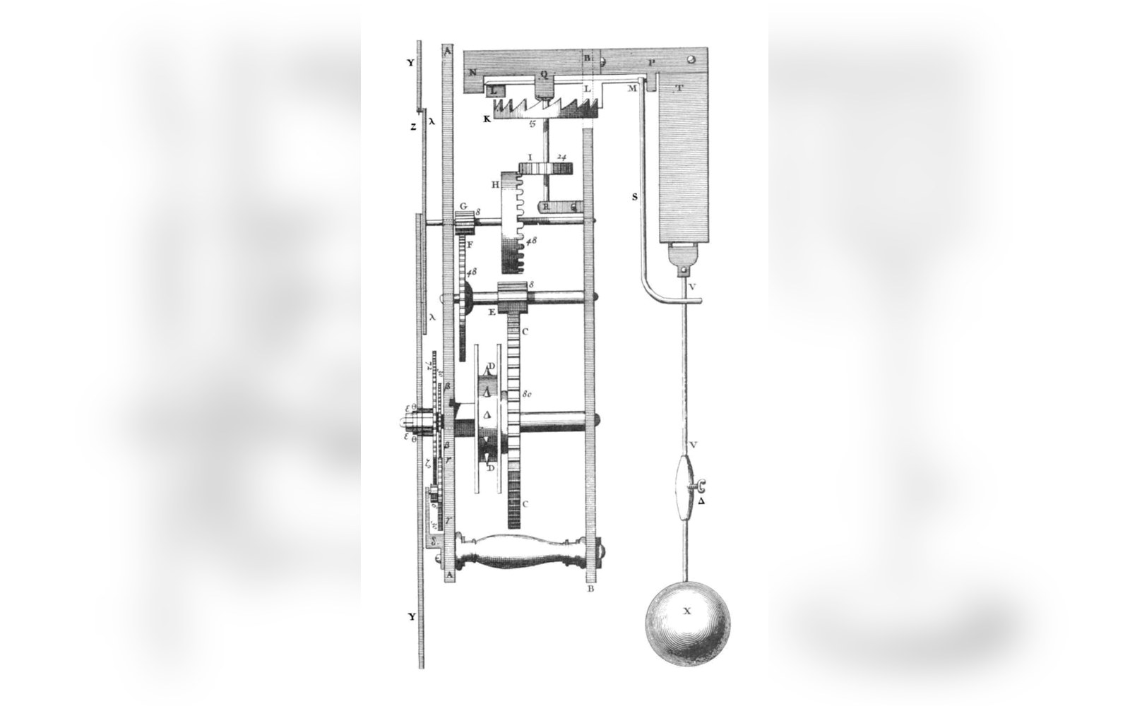 Diagram of a pendulum clock mechanism showing gears, weights and a suspended pendulum bob
