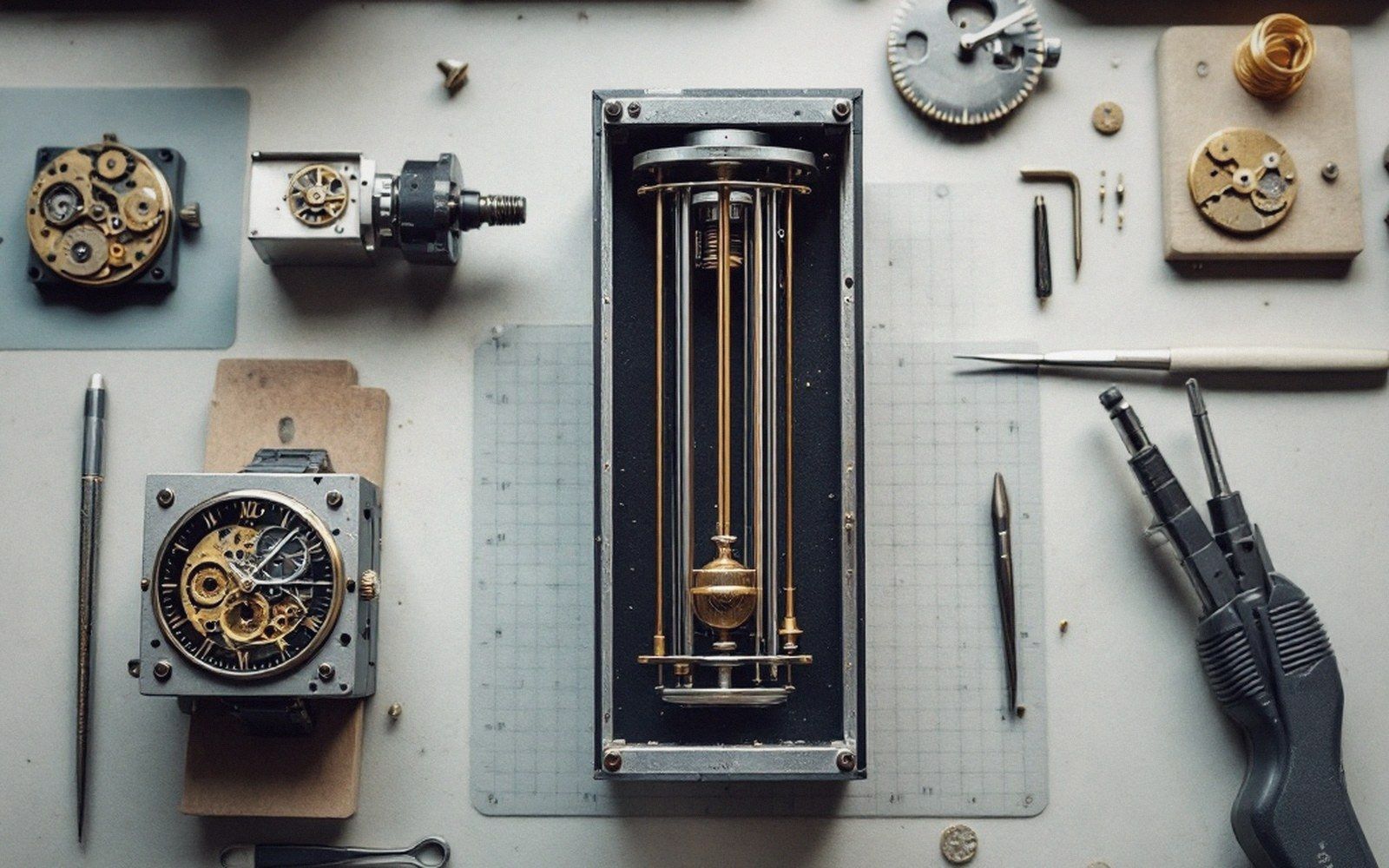 A pendulum mechanism boxed on a workbench surrounded by watch parts and tools