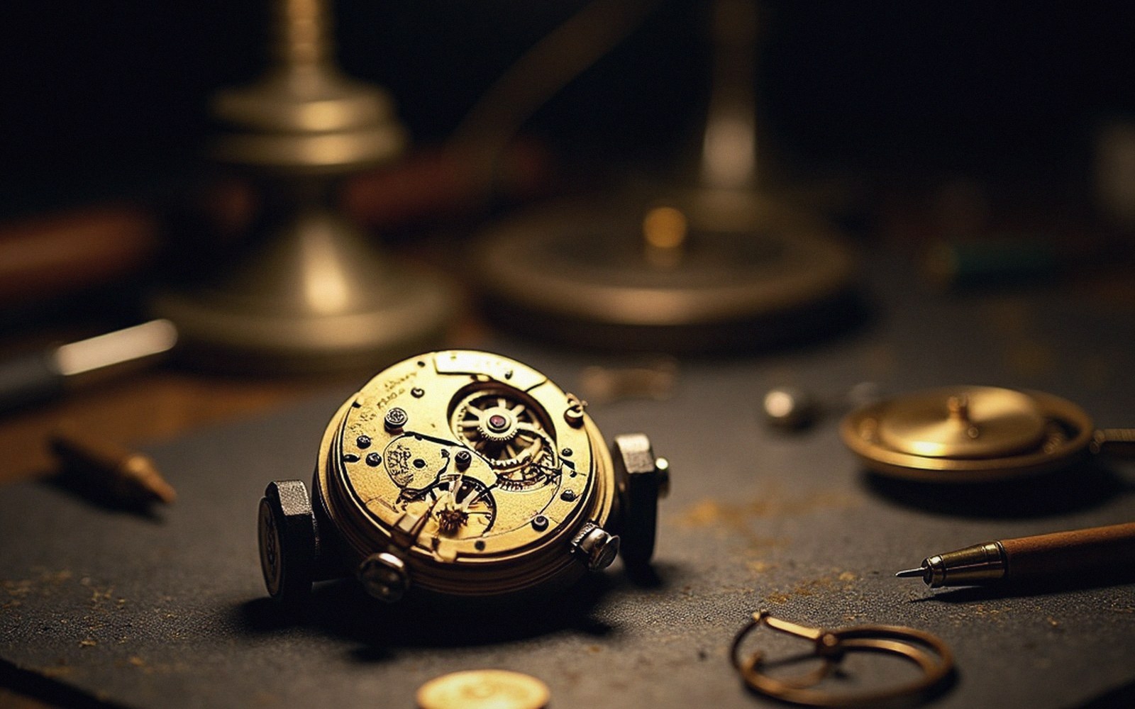 A clock movement in a bench holder under a bright lamp, balance removed