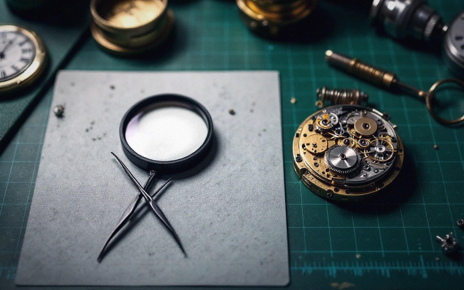 A loupe and fine tweezers beside a partly assembled movement
