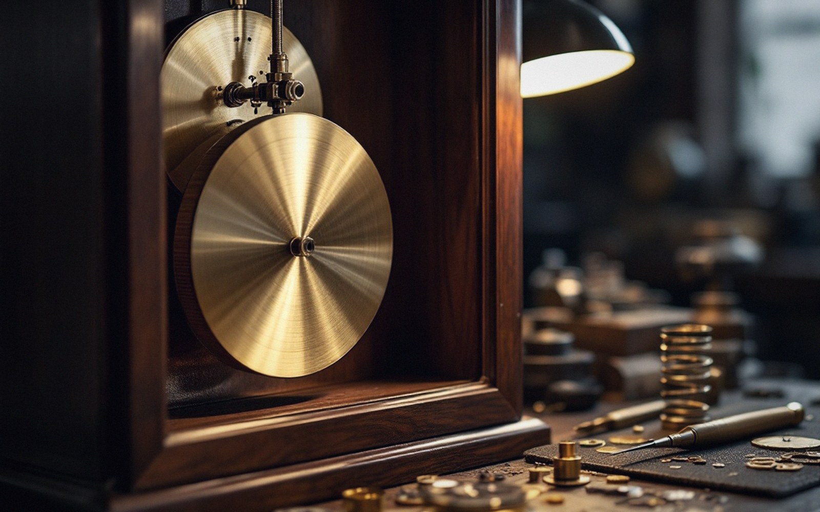 A pendulum bob and suspension spring against a clock case